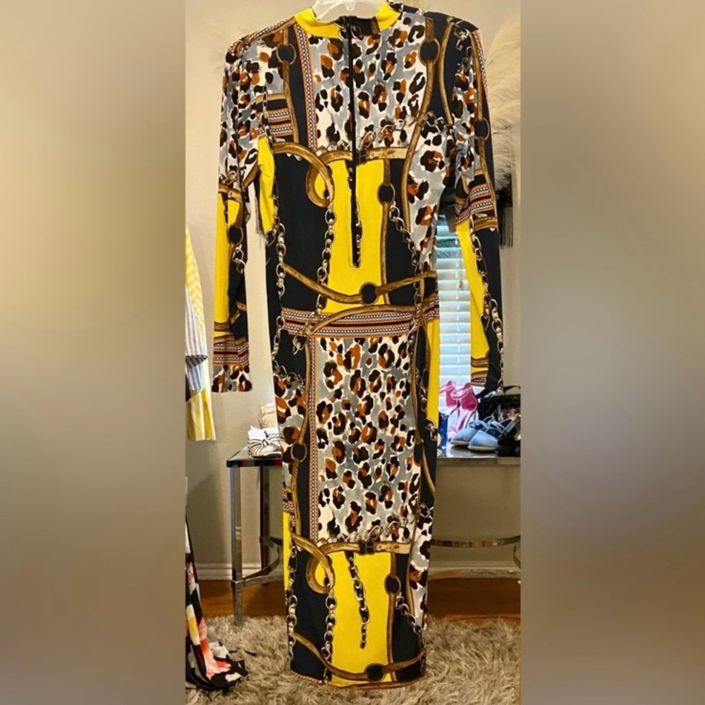 Yellow & Black Chain and Leopard-Print Long Sleeve Maxi Dress - Size XL - NWOT - Picture 5 of 6